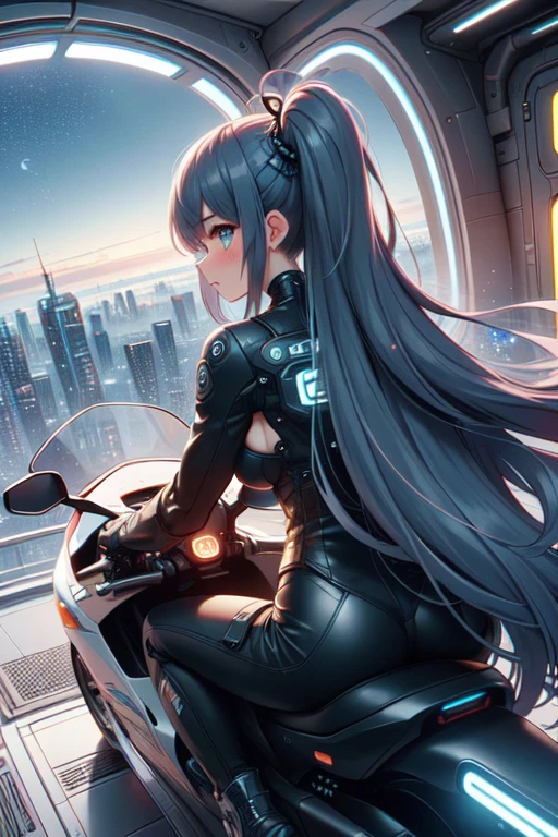 (((masterpiece))), (((best quality))), ((from behind)), ((hatchway motorcycle)), ((leaning forward)), looking back, standing, mecha girl, glowing eyes, bodysuit, ass, boots, scrunchie, floating hair, overlook, fog, city, cloud, skyline, scenery, cockpit, hologram, mechanical walls, spacecraft interior, cyberpunk architecture, future science fiction, ((night)), (((starry sky))), (((neon lights))), solo, 1girl, brown, absurdly long hair, sweat, cleavage, big tits, shy, blush, slim figure, <lora:50pics_hatchwaymotorcycle:0.9>