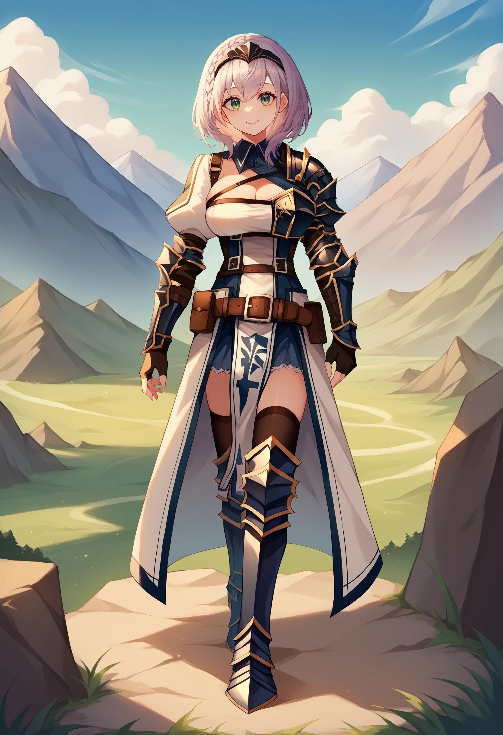 score_9, score_8_up, source_anime, 1girl, solo, NoelBase, medium hair, braid, tiara, armored dress, single pauldron, chest guard, chest strap, cleavage cutout, puffy sleeves, pelvic curtain, waist cape, leather belt, belt pouch, vambraces, fingerless gloves, black thighhighs, greaves, outdoors, mountains, fantasy, smile, standing,
<lora:ChamShiroganeNoelPonyXL:1>