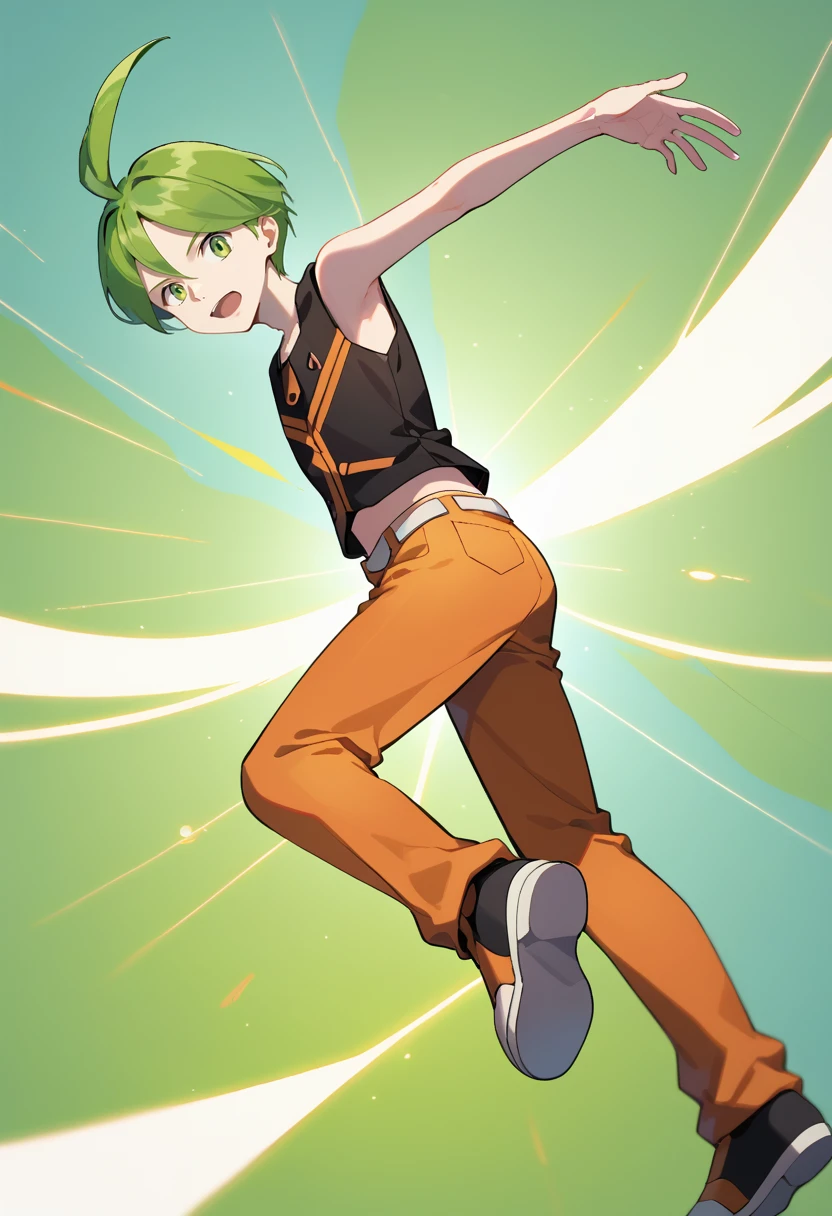 score_9, score_8_up, score_7_up, masterpiece, best quality, amazing quality, best aesthetic, ,absurdres,intricate details, aaron, green eyes, green hair, ahoge, black sleeveless shirt, orange pants, white with orange shoes, belt<lora:EMS-380018-EMS:1.000000>