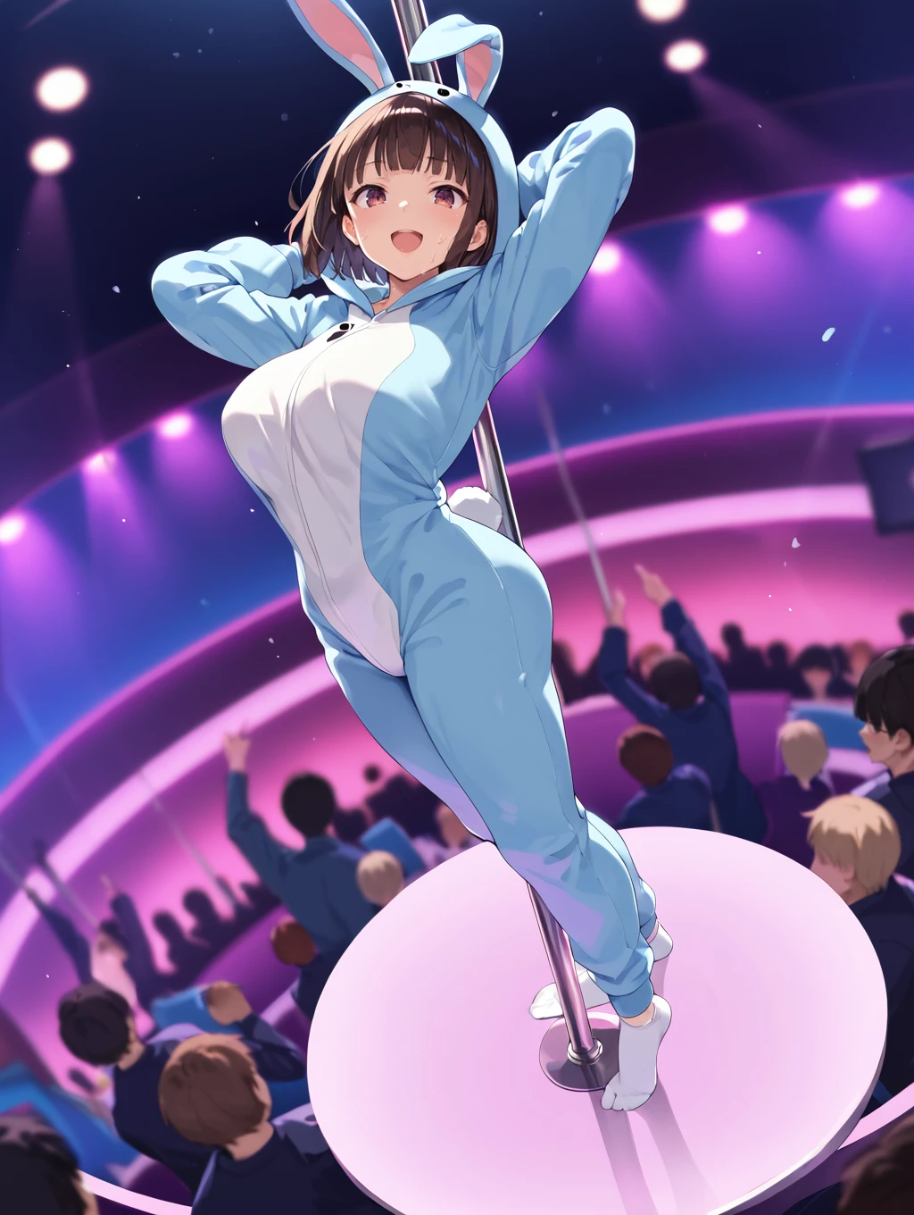 masterpiece, high quality, 8k wallpaper, bright lights, perfect lighting, (super detailed), interior, 1 girl, looking at the audience, sitting, (open legs: 1.2), arms up, virgin, short hair, brunette hair, blush, bright pupils, (nude: 1.4), nsfw, white socks, socks, (without panties: 1.3), forced