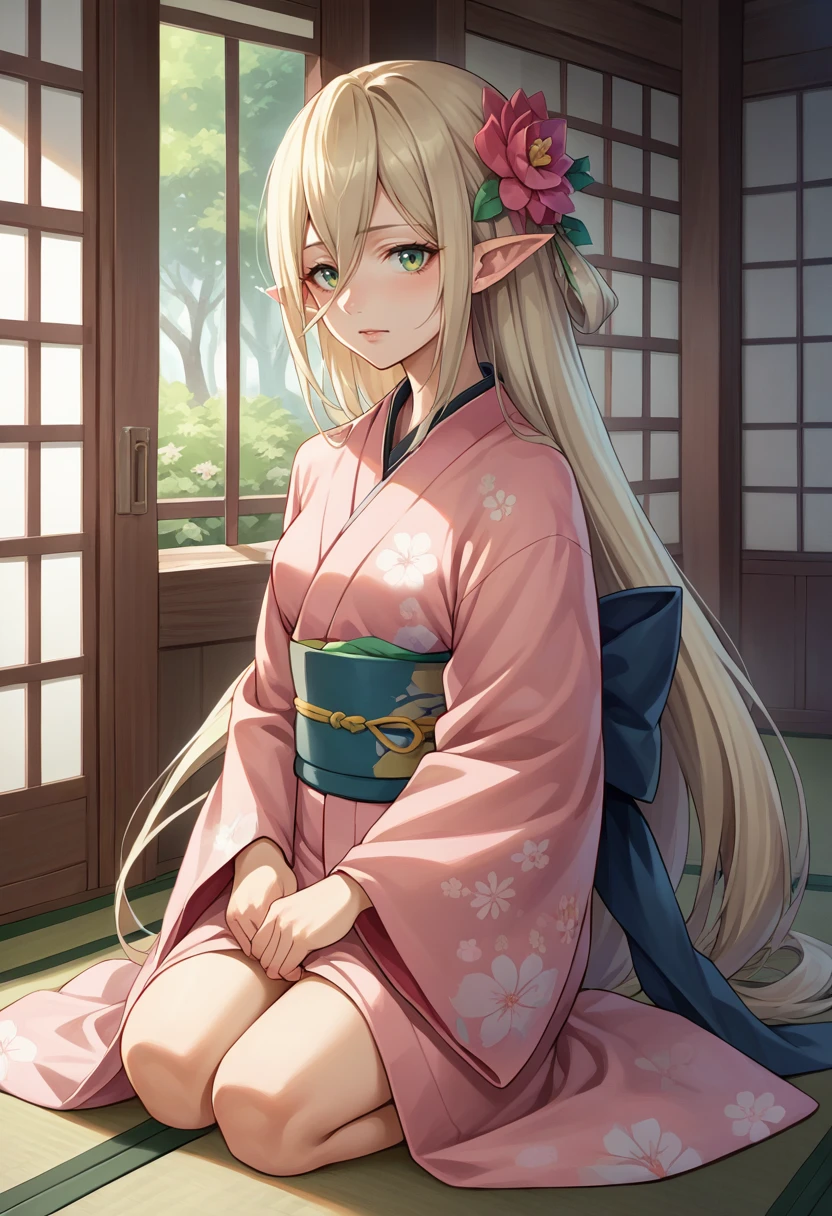 score_9, score_8_up, source_anime, 1girl, solo, Magilou, pointy ears, very long hair, hair between eyes, indoors, kimono, hair flower, floral print, wariza, kneeling, <lora:ChamMagilouPonyXL:1>