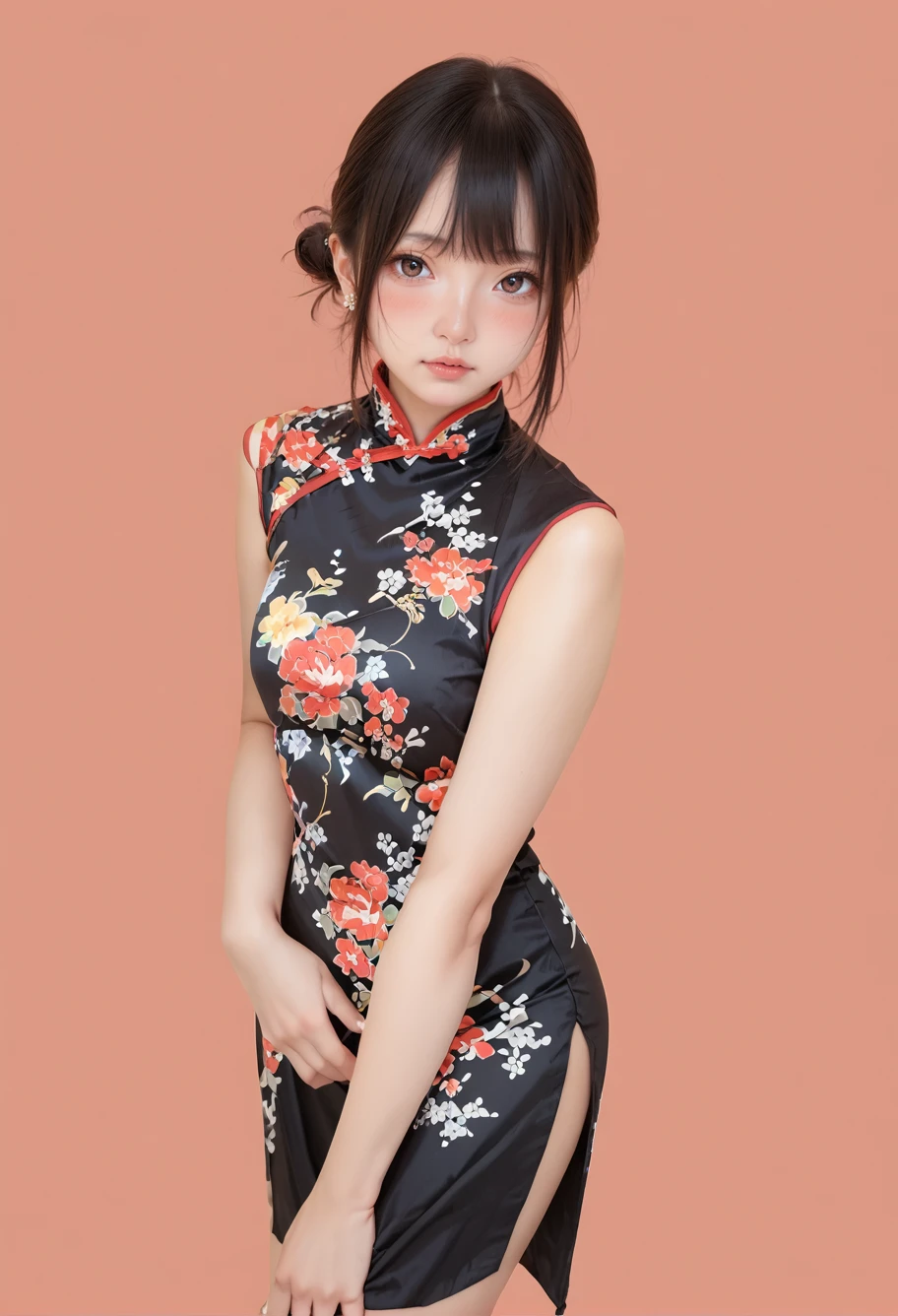 score_9,score_8_up,score_7_up,8k,hd,blush,red background,cute face,1girl,solo,cowboy shot,,ruanyi0604,black dress,china dress,floral print,<lora:0604 Classical cheongsam_v1_pony:1>