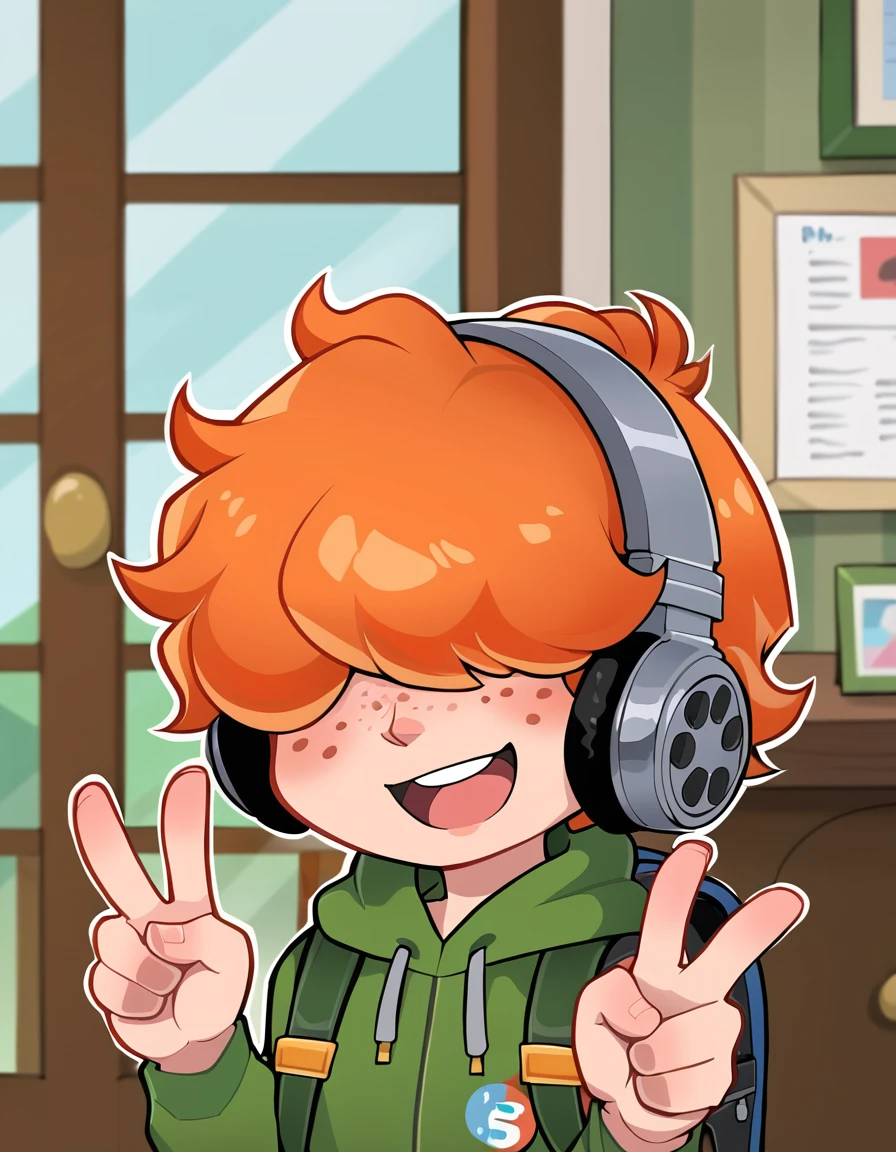 anime artwork, score_9, source_anime, rating_safe BREAK 1boy, solo, male focus,
briefus-rock, freckles, orange hair,  headphones, bag, hair over eyes, chibi, backpack
looking at viewer, upper body, portrait, close-up face, facing viewer, indoors, smile, open mouth, double v, highly detailed,  <lora:briefus-rock:5>