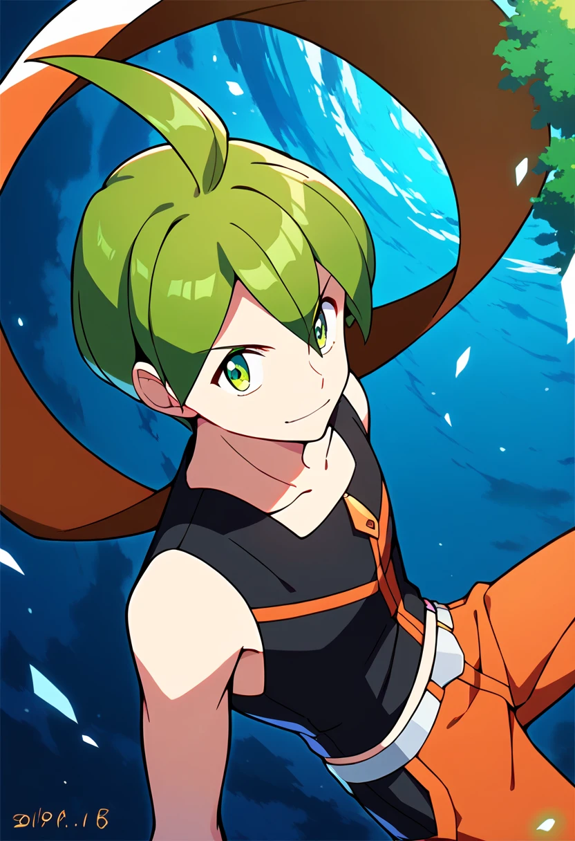 score_9, score_8_up, score_7_up, masterpiece, best quality, amazing quality, best aesthetic, ,absurdres,intricate details, aaron, green eyes, green hair, ahoge, black sleeveless shirt, orange pants, white with orange shoes, belt<lora:EMS-380018-EMS:1.000000>