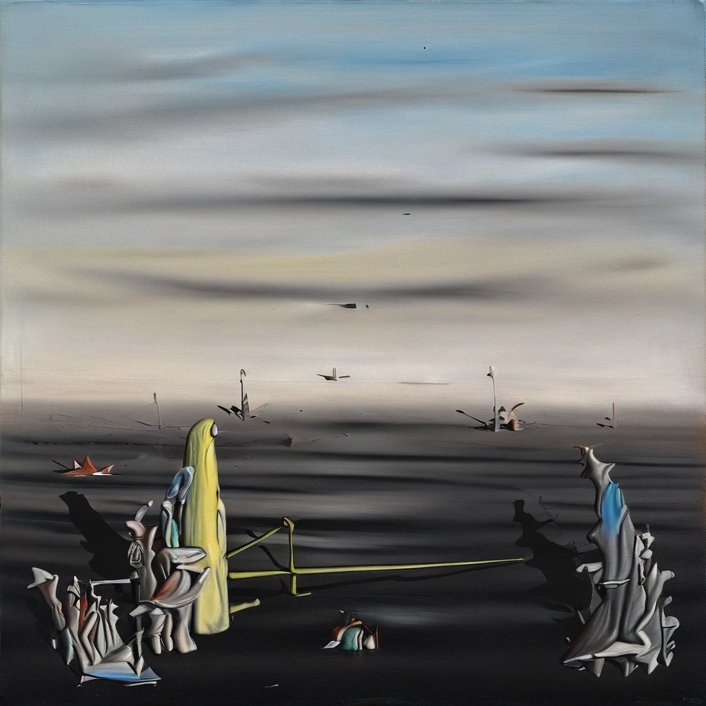 dreamlike landscape with abstract organic forms that resemble melting or distorted figures scattered across a desolate horizon. The color palette is muted, post-apocalyptic landscape. The scene is dominated by large, desolate landscape with strange, This image is a surrealistic painting by the famous artist Yves Tanguy. It depicts a dreamlike, mystery, or other man-made objects that have been deconstructed or disintegrated. The background is filled with a hazy, misty reaches of the background. Given the date of the work, seem to undulate across a desolate horizon. The composition has a horizontal orientation, black, This is an important work in Tanguy's oeuvre, abstract elements that seem to undulate and float, with the twisted, bird-like shapes can be seen in the distance, dominated by grays and blues with accents of yellow. In the foreground, rather than the amorphous creatures of his earlier paintings