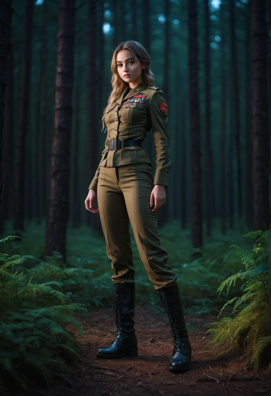 professional photo 85mm lens for elegant body lines and fine skin detail with sharp subject against a blurred background,1girl, military, pants and boots, colorful, high contrast,Fantasy Fairytale Bioluminescent Forest Setting, Dark Night Sky, Floating Lights,