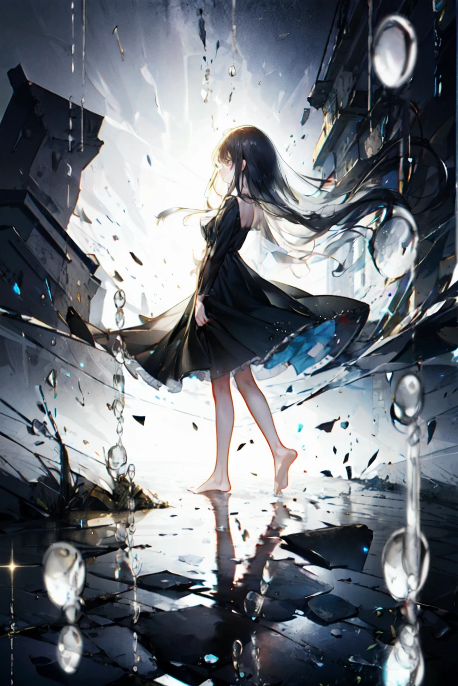 solo, 1girl, long hair, black dress, barefoot, walking, looking back, twinkle waterdrops, depth of field