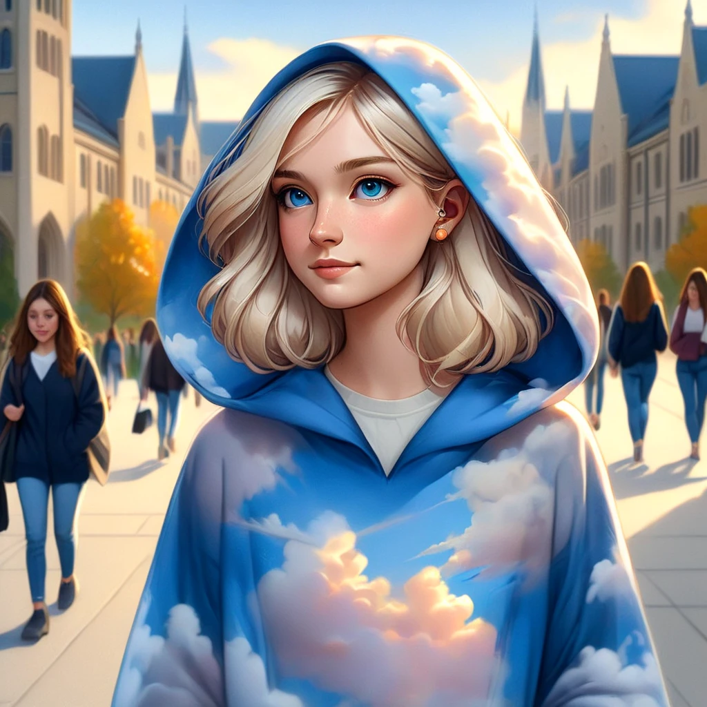 skycloak, a portrait of a blonde girl going to college, university background, walking to class, cartoony realism