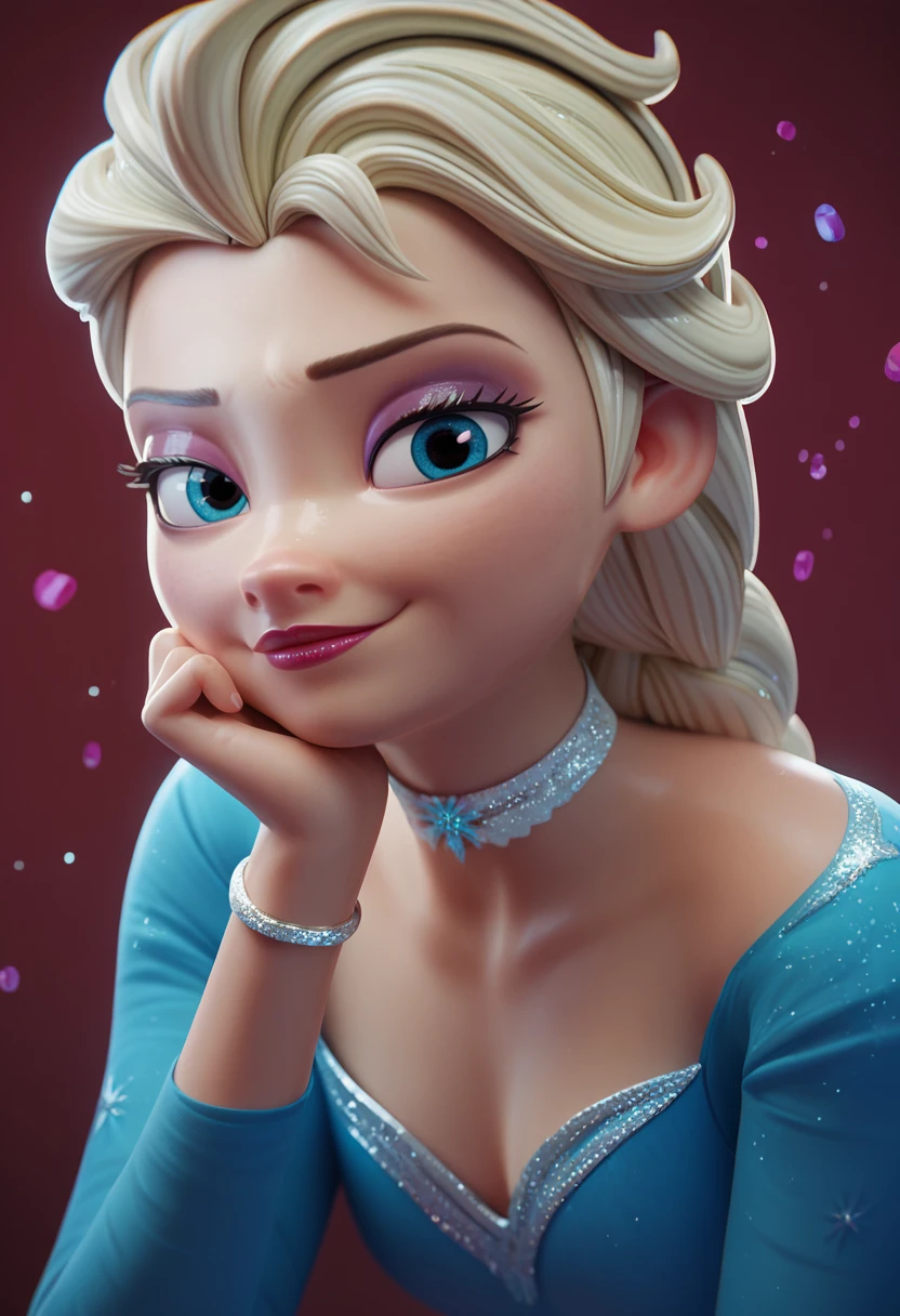 score_9, score_8_up, score_7_up <lora:fugtrup-guy-PONYv2:1>, 1girl, solo, elsa \(frozen\), portrait, blue dress, long sleeves, burgundy background, choker, bracelet, makeup, simple background, head rest, glitter,