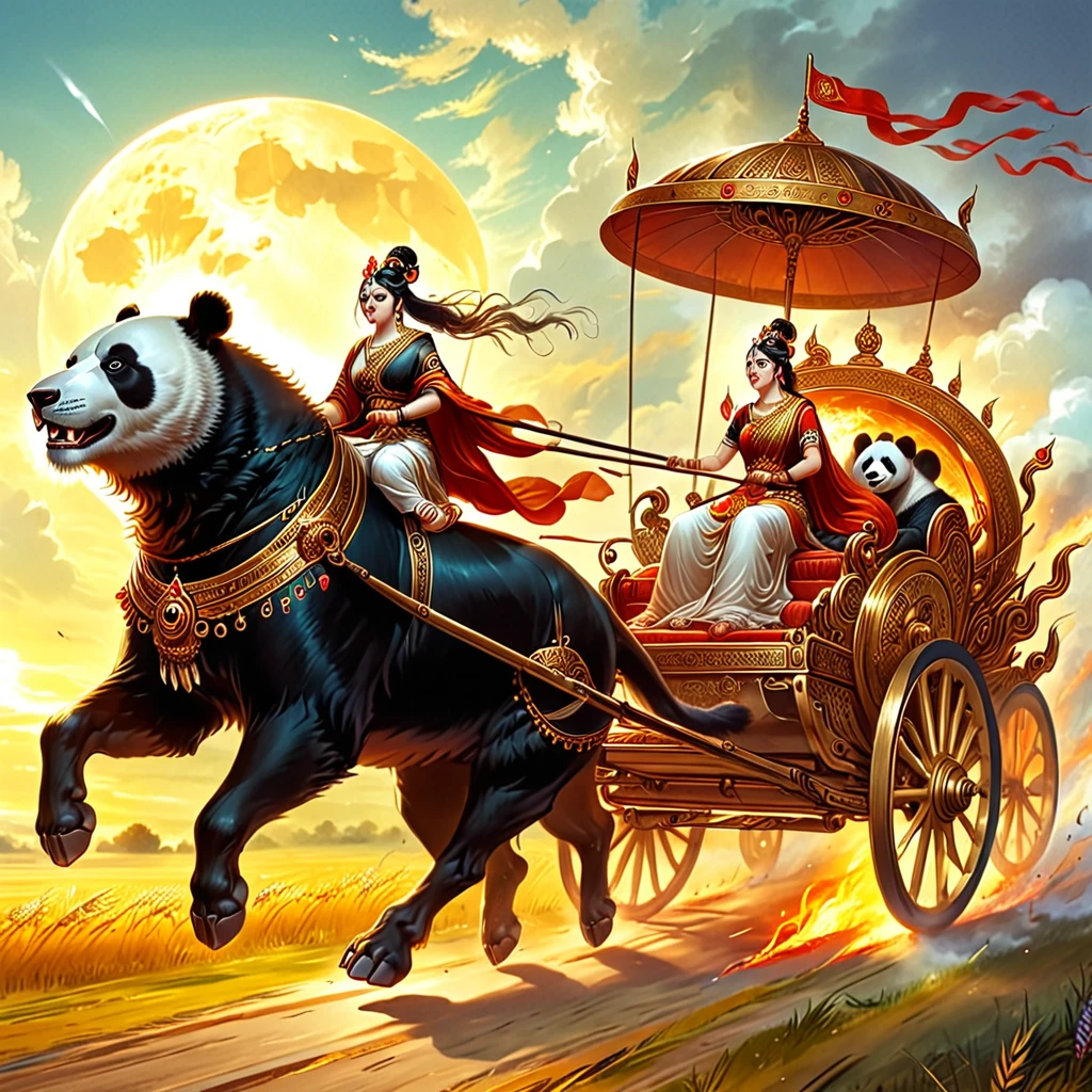 apochari, a panda pulling a chariot, a woman riding a chariot