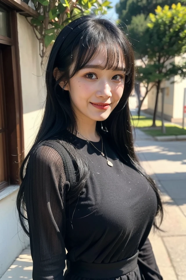 1girl,solo,black hair,smile,looking at viewer,long hair,realistic,bangs,upper body,mole,black eyes,lips,shirt,dress,black dress,long sleeves,
outdoors,looking at viewer,best quality,masterpiece,illustration,Amazing,finely detail,masterpiece,official art,incredibly absurdres,huge filesize,ultra-detailed,highres,extremely detailed,realistic,,<lora:Riho Okumura_20240527185222:0.8>