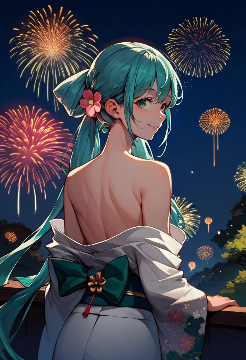 score_9, score_8_up, score_7_up, source_anime, from behind, solo, 1girl, shaohuamiku, smile, looking back, aqua hair, twintails, hair flower, green eyes, japanese clothes, white kimono, floral print, off shoulder, bare shoulders, fireworks <lora:vocaloid_shaohuamiku_ponyXL:1>