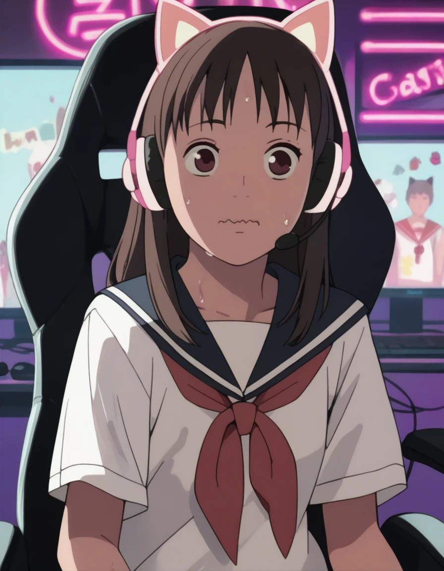 score_9, score_8_up, score_7_up, source_anime, <lora:izumi-maho-koyuki-ponyxl:1> ishiguroizumi, serafuku,
1girl, headset, gaming chair, cat ear headphones, neon lights, sweat, wavy mouth, monitor