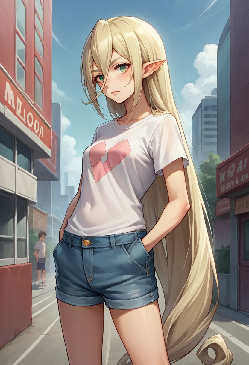 score_9, score_8_up, source_anime, 1girl, solo, Magilou, pointy ears, very long hair, hair between eyes, t-shirt, denim shorts, standing, outdoors, city, hands in pockets, <lora:ChamMagilouPonyXL:1>