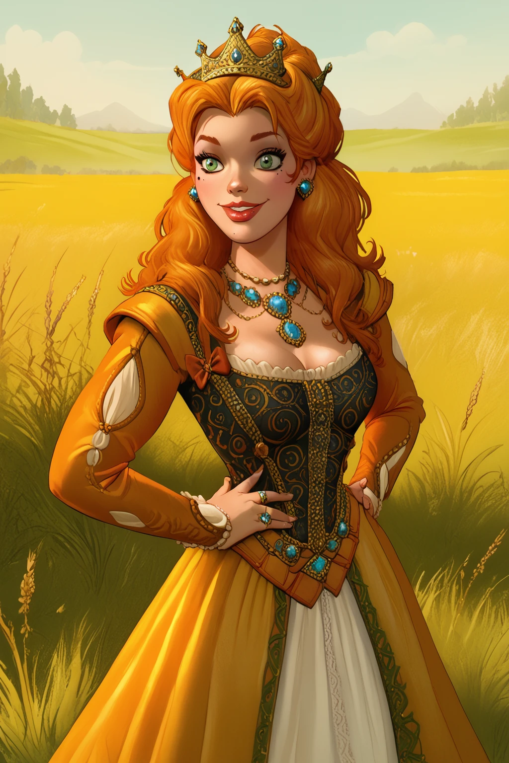 score_9, score_8_up, score_7_up, masterpiece, high quality
<lora:Dean Yeagle StylePonyLyco:1>dystlye, <lora:Anna HenriettaPonyLoRA:1> anhnritta, long hair, wavy hair, crown, mole under eye, earrings, dress, necklace, gem, ring, in a cornfield, happy, hands on hips