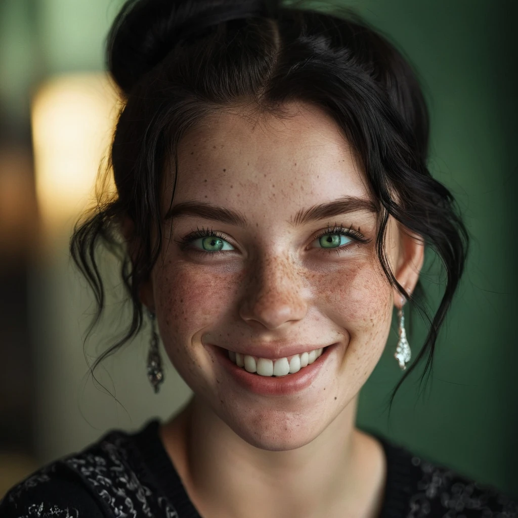 Imperfect, beautiful lady, (freckles), big smile, detailed green eyes, detailed iris, black hair in a bun, dark emo makeup, hyperdetailed photography, soft light, in the future, diamond earring <lora:style_lora_dadaptadam_realis-step00002600:0.5>