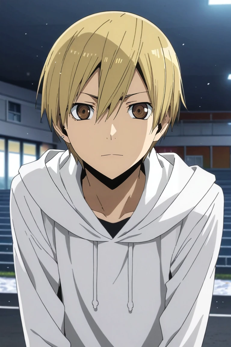 score_9, score_8_up, score_7_up, source_anime, rating_safe, , anime screencap, anime coloring, official style, looking at viewer, , 1boy, solo, male focus, <lora:masaomi_kida_pony:0.8>, masaomi_kida, blonde hair, brown eyes, short hair, hair between eyes, full body, snowy field, indoors, flexing, happy, , <lora:sdxl_lightning_8step_lora:1>