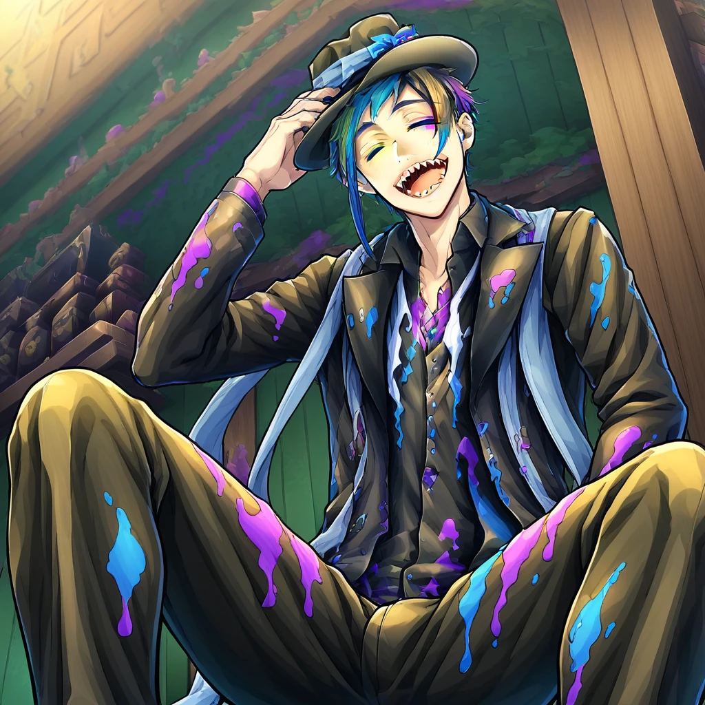 sitting, sharp teeth, from below, jacket, closed eyes, 1boy, heterochromia, solo, jewelry, multicolored hair, male focus, floyd leech, hat