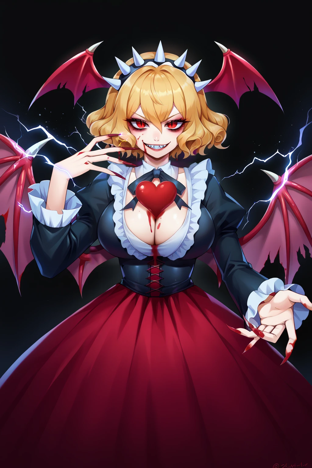 score_9, score_8_up, score_7_up, BREAK tousen, 1girl, gothic dress, frills, brown theme, fingernails, blood, spiked headband, holding heart, monster girl, frown, hair between eyes, frilled sleeves, plunging neckline,neck ribbon, black background, teeth, winged arms, grin, holding, sharp teeth, vampire, eyelashes, bob cut, short hair, smile, dress, heart, ribbon, blood splatter, goth fashion, nail, wavy hair, evil smile, bat wings, looking at viewer, wings, blood from eyes, spot color, long fingernails, long sleeves,huge breasts,electricity