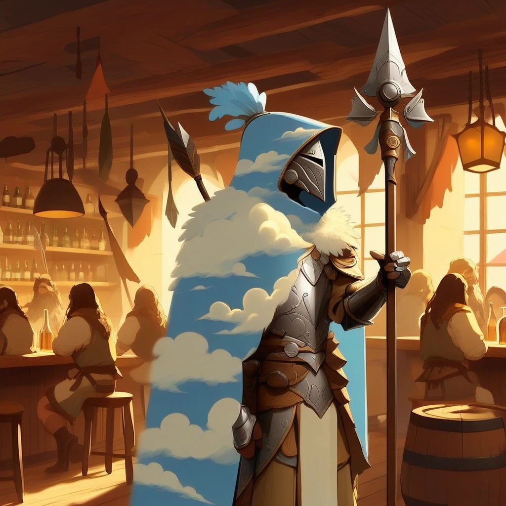 SkyCloak, a spear warrior with a metal helmet, tavern background, concept art