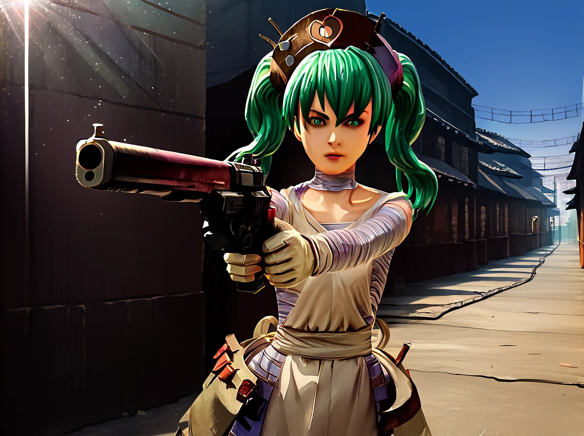 score_9, score_8_up, score_7_up, score_6_up, score_5_up, score_4_up, BREAK source_anime,natural light,realistic shadow,
jessie, jessie from deadcraft, 1girl, weapon, solo, gun,,holding, twintails, green hair, bandages, green eyes
 <lora:jessie_from_deadcraft_pony:0.6> ,<lora:Aesthetics_Enhancer_pony:0.8> ,EnhanceImage