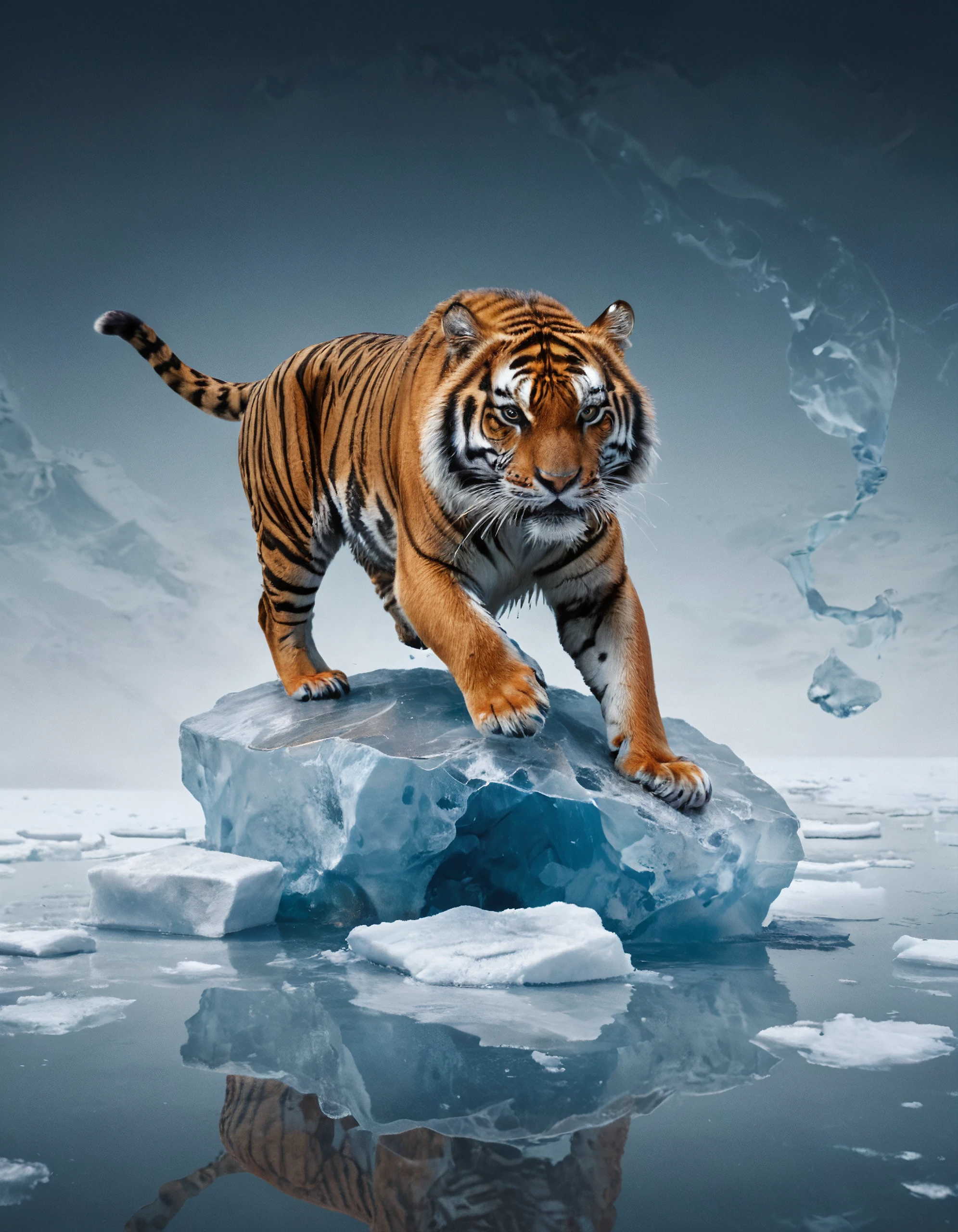a tiger drifting on a piece of ice, surreal