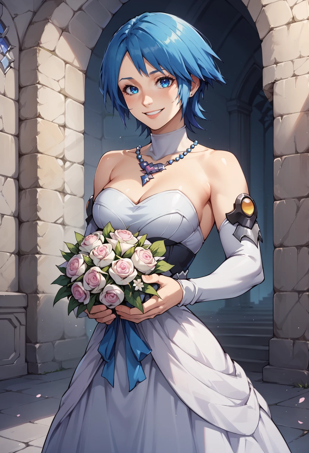 score_9,score_8_up,score_7_up,source_anime BREAK <lora:Aqua_Kingdom_Hearts:0.8>,high detail,good hands,perfect hands,1girl,solo,aqua (kingdom hearts),holding bouquet,blue hair,(wedding dress:1.1),short hair,bare shoulders,blue eyes,smile,cowboy shot,castle hall