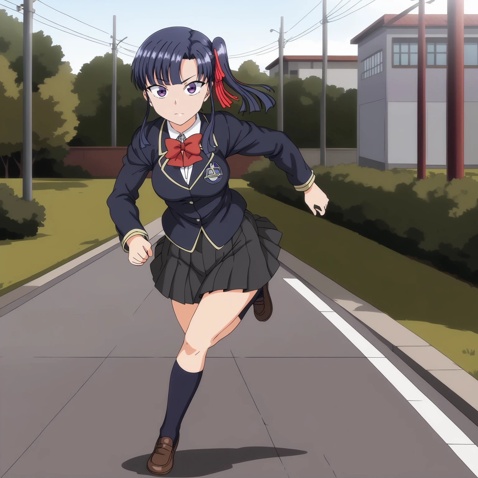 <lora:SakuraMiyajimaXLpony001>,<lora:bold-16oa:-0.5>,
solo,
SakuraMiyajima,1girl,blue hair,side ponytail,purple eyes,hair ribbon,
school_uniform,red bow tie,
pleated_skirt,
black socks,
outdoors,
full body,running,