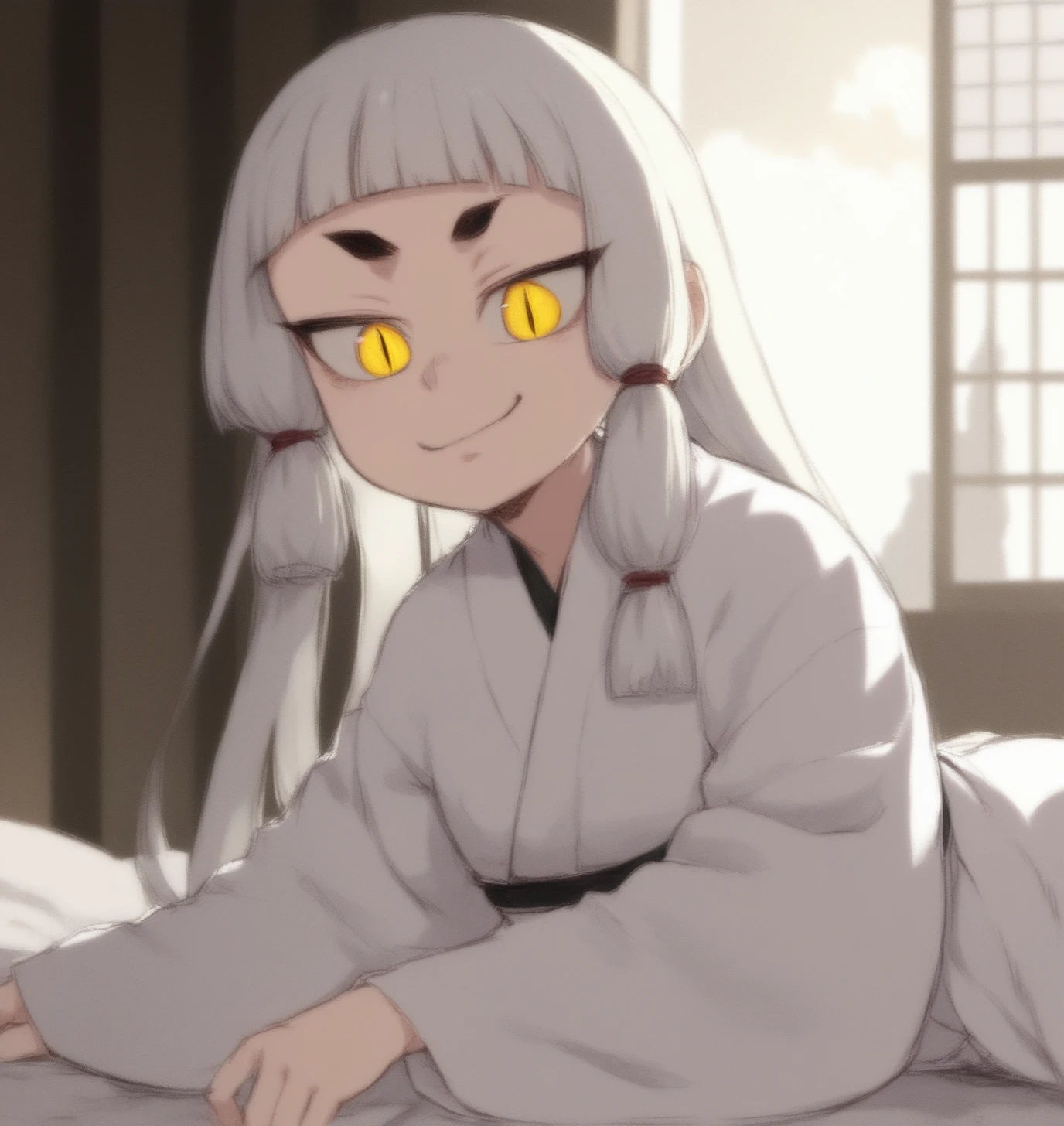 score_9, score_8_up, score_7_up, score_6_up, Detailed Background, BREAK
<lora:Takatsu_Kami:0.7> , takakami, 1girl, japanese clothes, white kimono, bangs, slit pupils, short eyebrows, long hair, blunt bangs, white hair, young, yellow eyes, BREAK
smug, bedroom, sitting on bed,