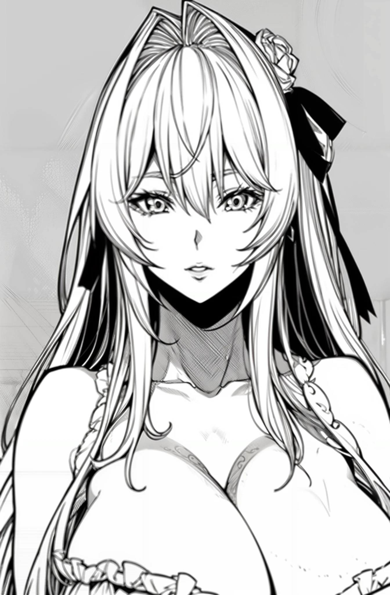 1 girl, evil eyes, siren eyes, long hair, straight bangs, white long straight hair, wearing sexy dress, close up photo,  black and white only no color, outline only, cowboyshot, detailed eyes, detailed face, simple black sexy dress, big breast, big ass, hot and sexy, outline only, no color 