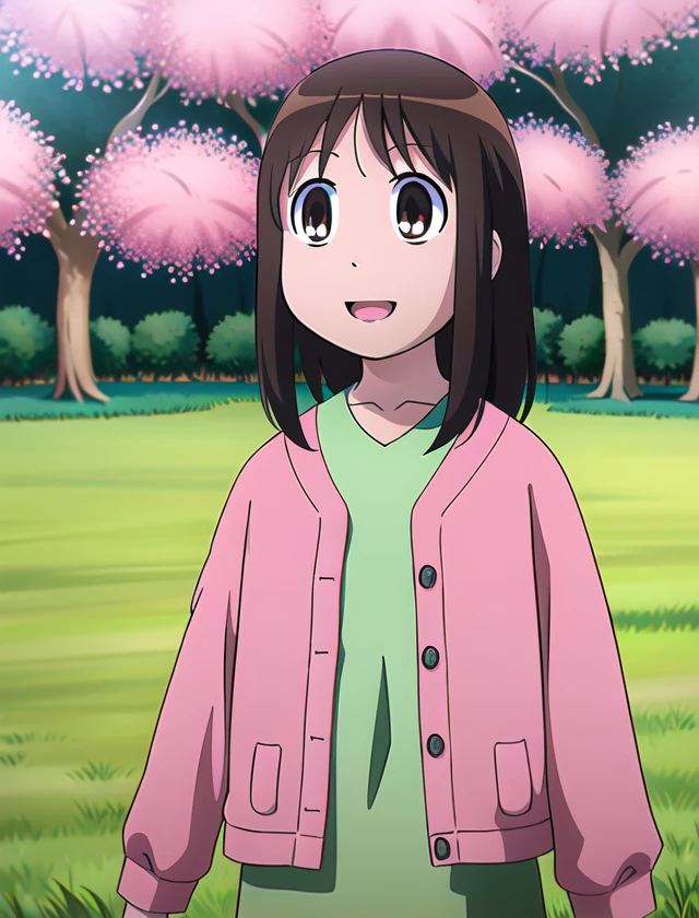 ayumu kasuga  <lora:ayumu:1> 1girl, outside, on grass, happy