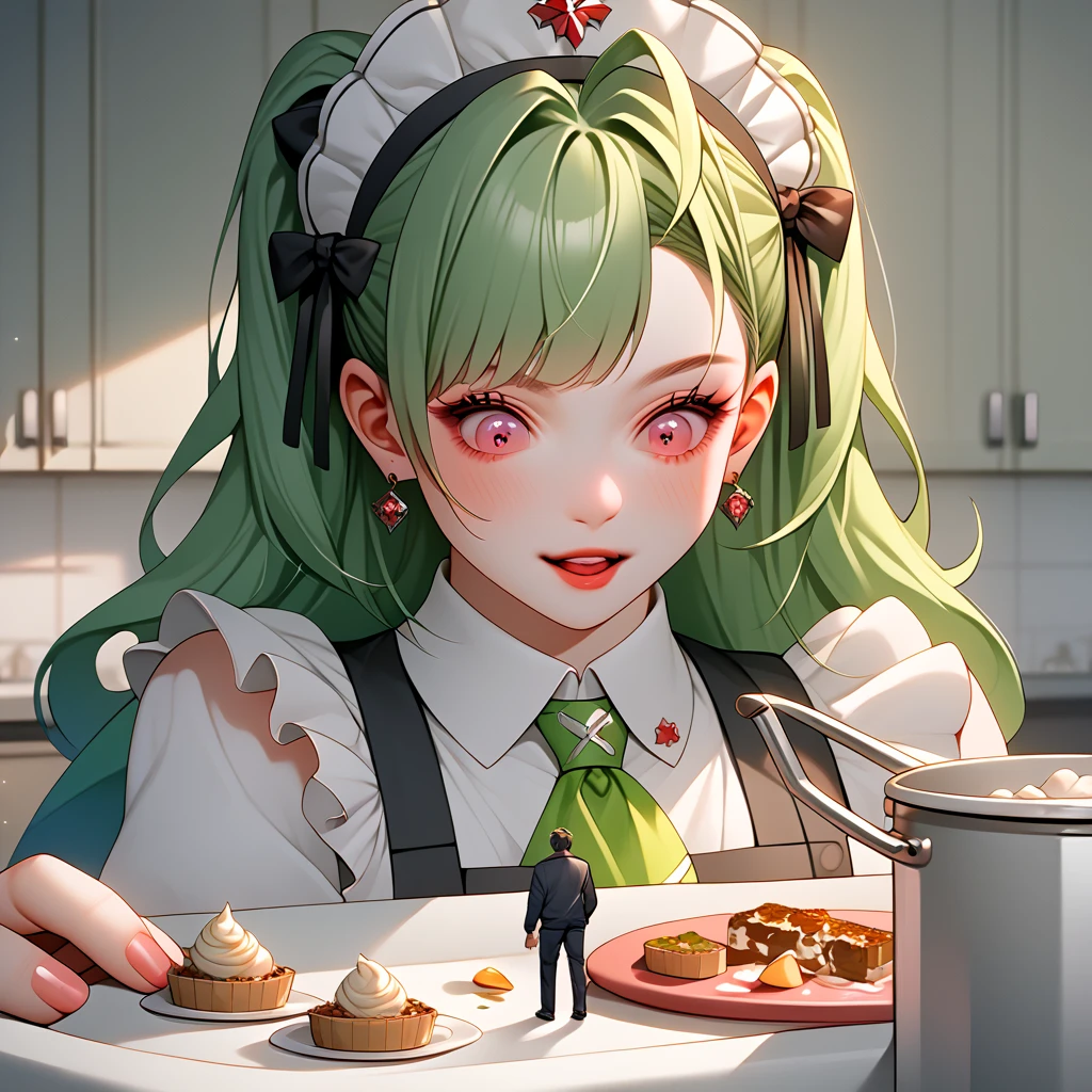 (masterpiece), (best quality), (highest quality), (highres), (absurdres), (extremely detailed), score_9, score_8_up, score_7_up, score_6_up, source_anime, score_5_up, score_4_up,<lora:gtssizev1:0.8> ,gtssize, size difference, minigirl, <lora:soda-nikke-richy-v1_pdxl:0.7>, nikkesoda, long hair, maid headdress, maid, green ascot, multicolored gloves, :t, detached collar, chest strap, green hair, double bun, maid apron, mysterious lighting, (scene of two cartoon anime characters together:1.2), (holding minigirl over cooking pot:1.3), kitchen, small human,<lora:StS_detail_slider_v1:2>