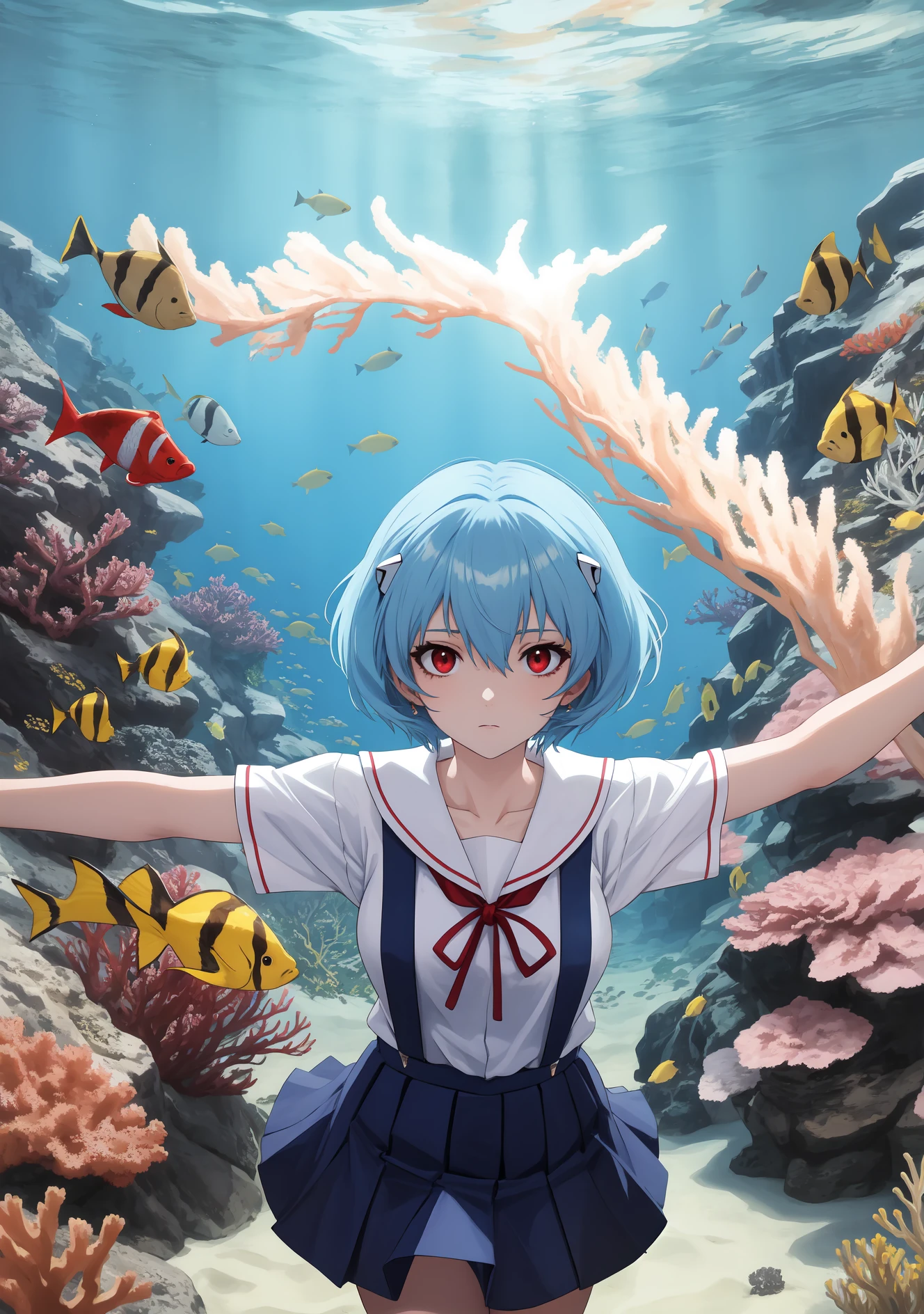 masterpiece, best quality, very aesthetic, ultra detailed, intricate details, 4k, anime style,
1girl, solo, blue hair, short hair, bangs, red eyes, eyelashes, breasts, small breasts, hair between eyes, expressionless, skirt, shirt, ribbon, school uniform, collarbone, white shirt, short sleeves, sailor collar, red ribbon, blue skirt, neck ribbon, suspenders, suspender skirt, pinafore dress, tokyo-3 middle school uniform, neon genesis evangelion, ayanami rei,
upper body, looking at viewer, spread arms, outstretched arms, swimningai, hair wagging, underwater, air bubble, bubble, swimming, freediving, sand, coral, coral reef, fish, bottom sand, <lora:Swimning:1>