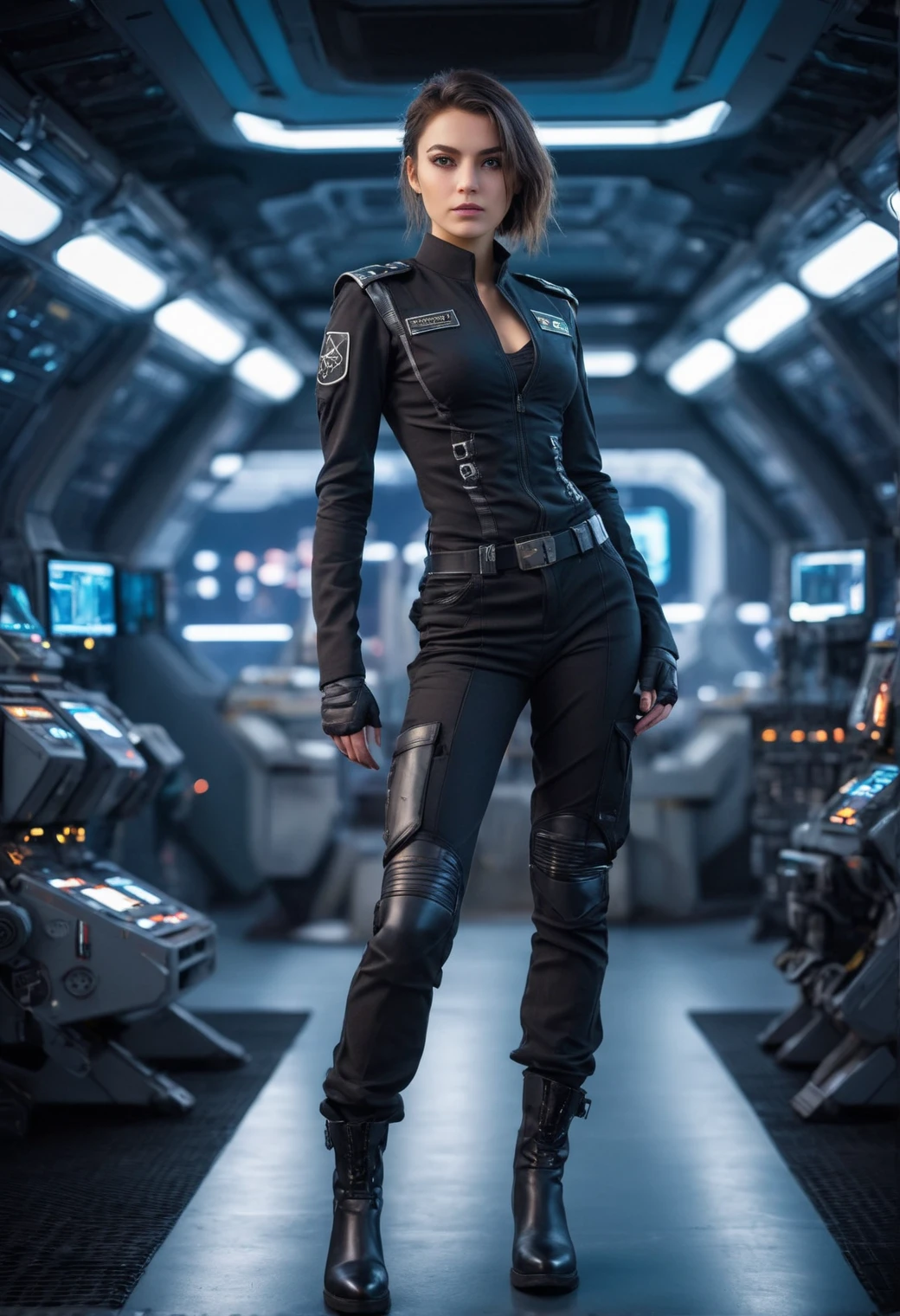 professional photo 85mm lens for elegant body lines and fine skin detail with sharp subject against a blurred background, looking at camera,1girl, military pilot, pants and boots, confused, shrug,Futuristic Galactic Empire space dock, Setting, white and cyberpunk,