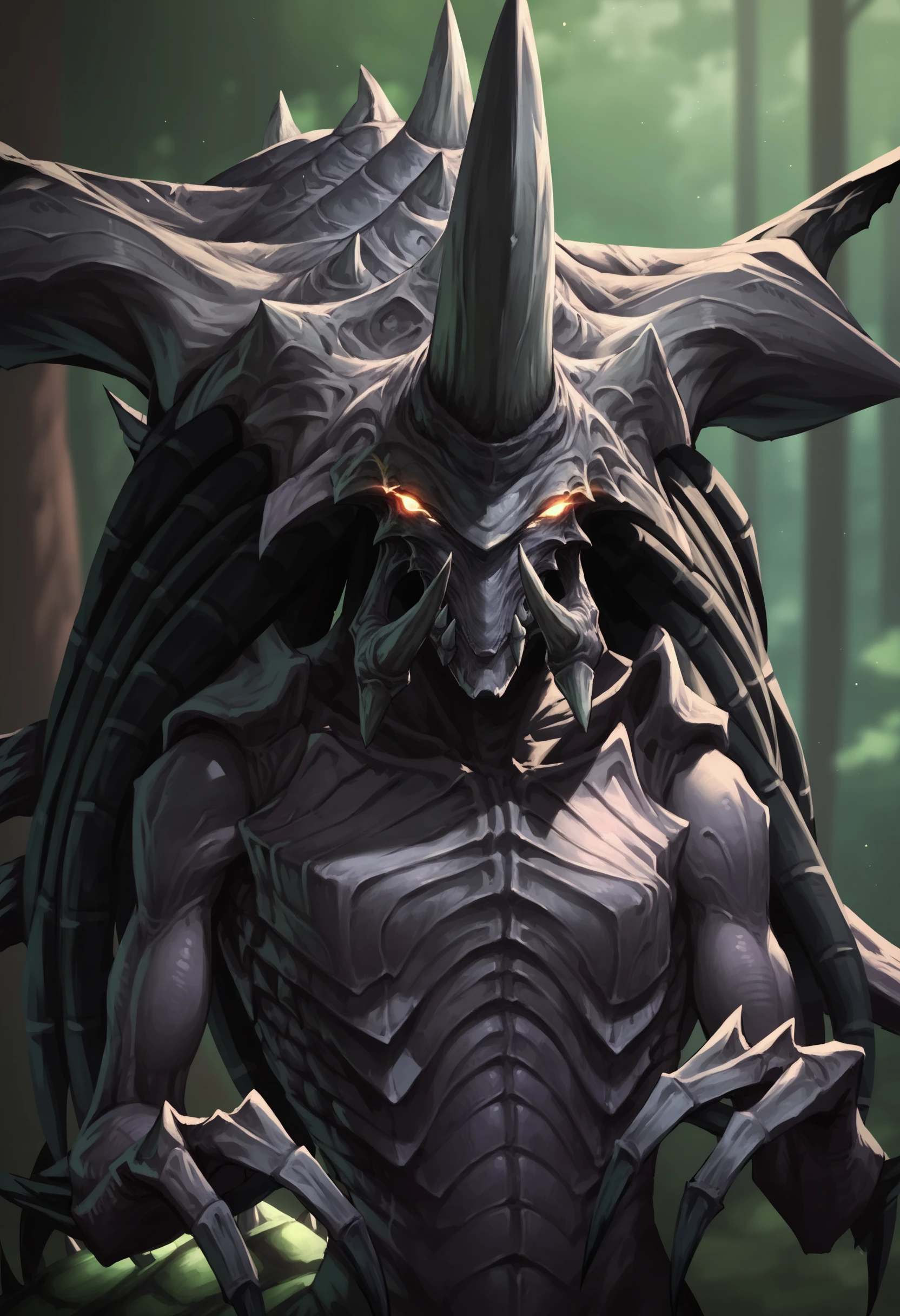 score_9, score_8_up, score_8, source_anime, zagara, <lora:Zagara:0.85> horns, no humans, monster, yellow eyes, solo, glowing, glowing eyes, claws, spikes, upper body, small breasts, front view, looking at viewer,
forest background, blurry background,