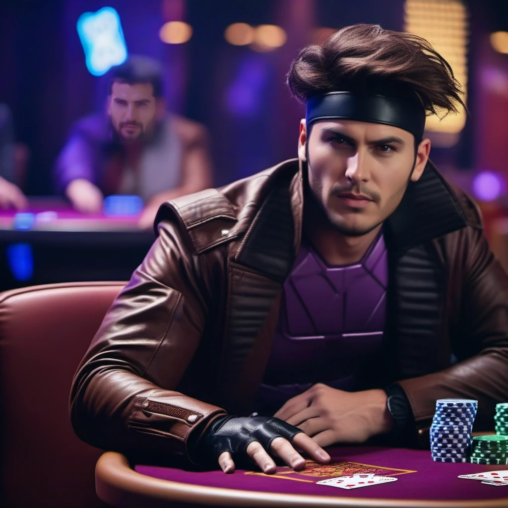 cinematic photo a full body man, brown leather jacket, purple chest armor, headband, playing poker in a casino <lora:Gambit1024:0.9> . 35mm photograph, film, bokeh, professional, 4k, highly detailed