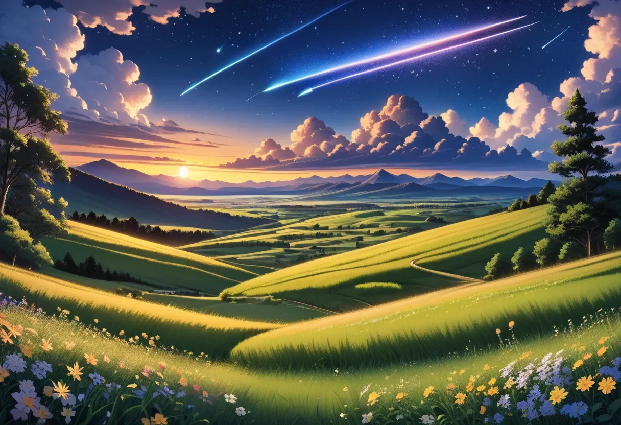 score_9, score_8_up, score_7_up, source_anime, rating_safe, scenery, outdoors, sky, cloud, (no humans), star \(sky\), mountain, mountainous horizon, flower, starry sky, grass, landscape, shooting star, nature, tree, blue sky, sunset, cloudy sky, field, night, night sky, plant, hill, evening, cumulonimbus cloud, very aesthetic, absurdres, detailed background, scr33nc@p, <lora:Pony_Diffusion_V6_Art_Style_-_AAM_XL_Screencap_V3:0.7>