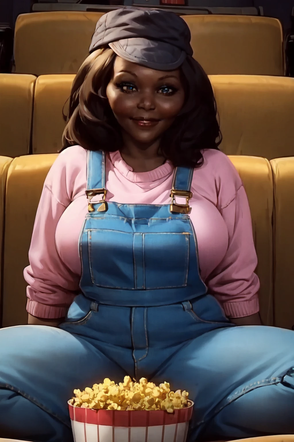<lora:Junkyard Sal_epoch_9:0.8>, 1girl, solo, (junkyard_sal), hat, chunky sweater, overalls, sitting in a movie theatre, bucket of popcorn, smile, (insanely detailed, masterpiece, detailed eyes, best quality)