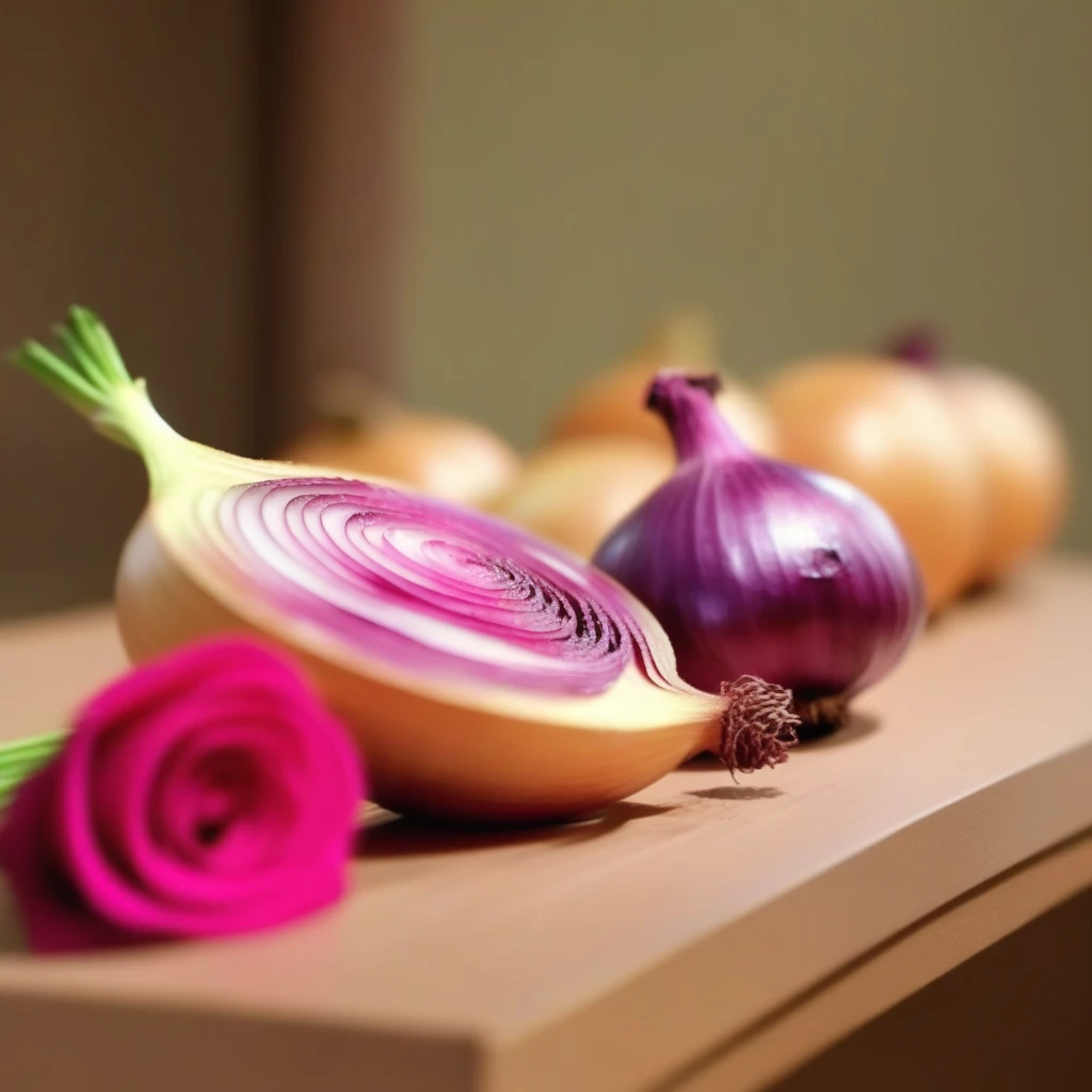 signature, table, onion, rose, fruit, depth of field, food focus, realistic