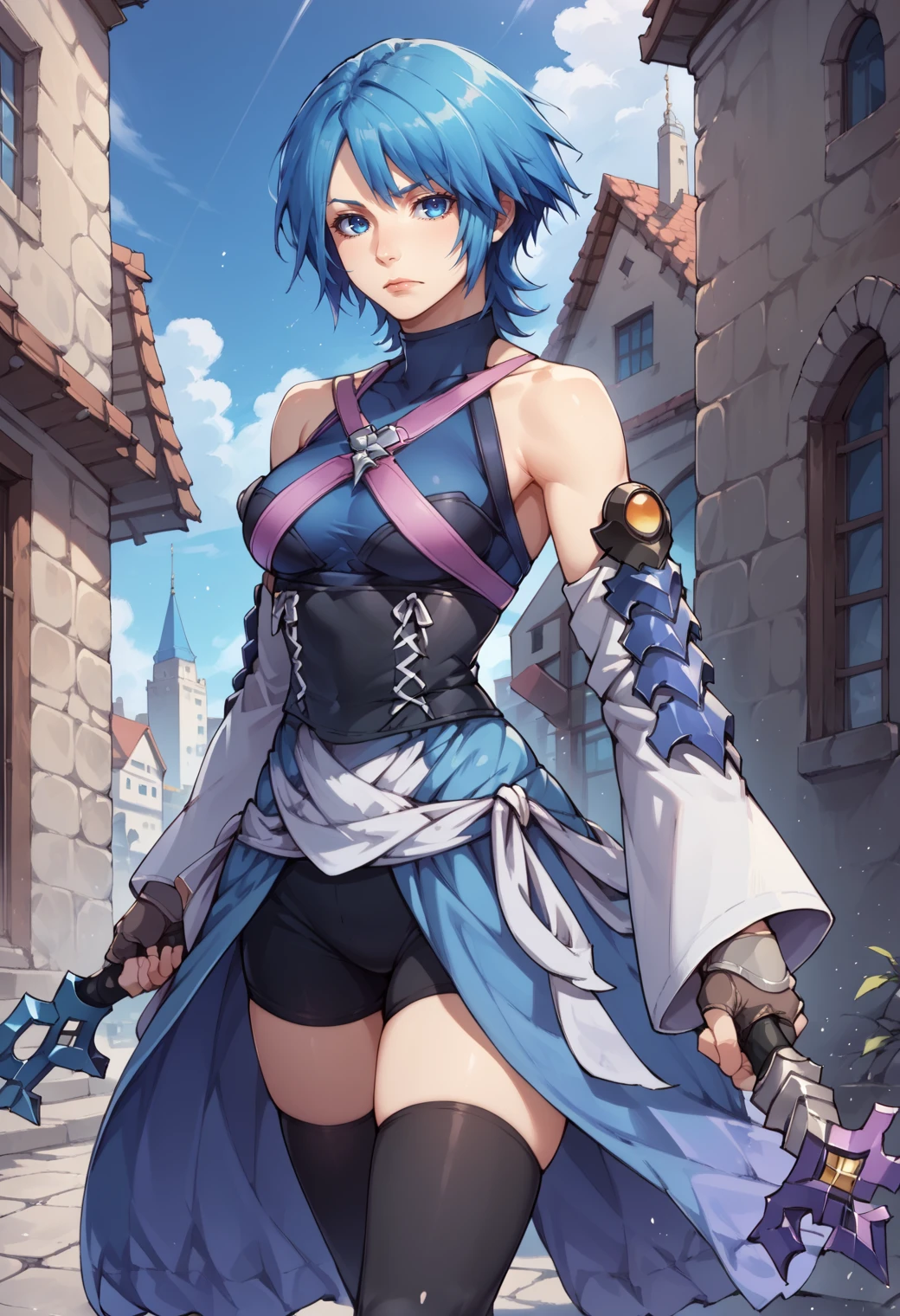 score_9,score_8_up,score_7_up,source_anime BREAK <lora:Aqua_Kingdom_Hearts:0.9>,high detail,good hands,perfect hands,1girl,solo,aqua (kingdom hearts),weapon,holding weapon,keyblade,blue hair,detached sleeves,short hair,bare shoulders,halterneck,criss-cross straps,blue eyes,fingerless gloves,gloves,overskirt,bike shorts under skirt,black thighhighs,expressionless,fighting stance,city