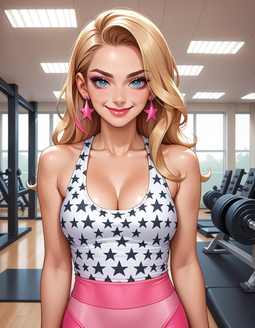 score_9, score_8_up, score_7_up, score_6_up, score_5_up, score_4_up, source_anime, solo, upper body, 1girl, large breasts, long blonde hair, hud_b4rb, sleeveless leotard, pink leggings, star print, blue hoop earrings, makeup, lipstick, <lora:hud_b4rb_XLP:0.8>, gym, working out, smile, closed mouth