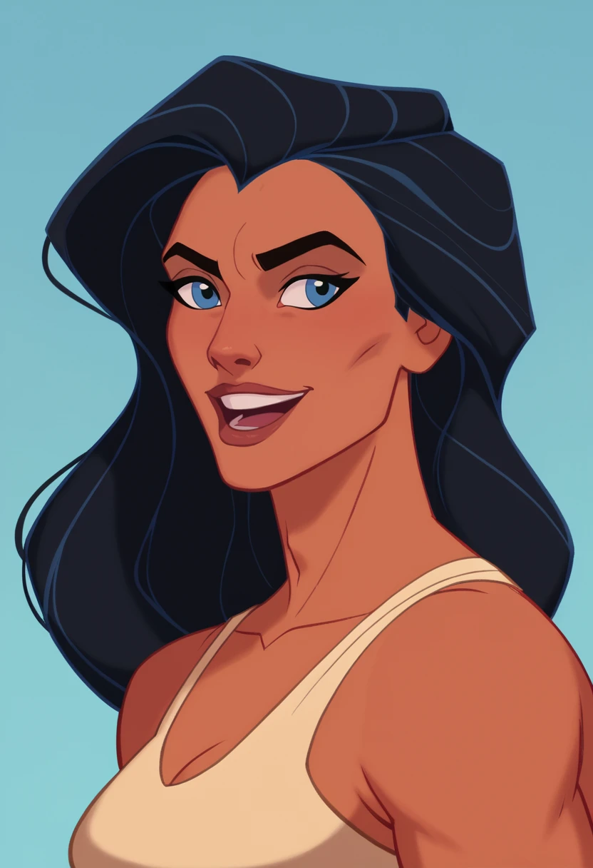 score_9, score_8_up, score_7_up, score_6_up, smile, wonder woman, open mouth, long hair, simple background, shirt, black hair, 1girl, blue eyes, upper body, :d, teeth, sleeveless, dark skin, upper teeth only, thick eyebrows, dark-skinned female, tank top, portrait, retro artstyle, <lora:Disney_Renaissance-06:1>