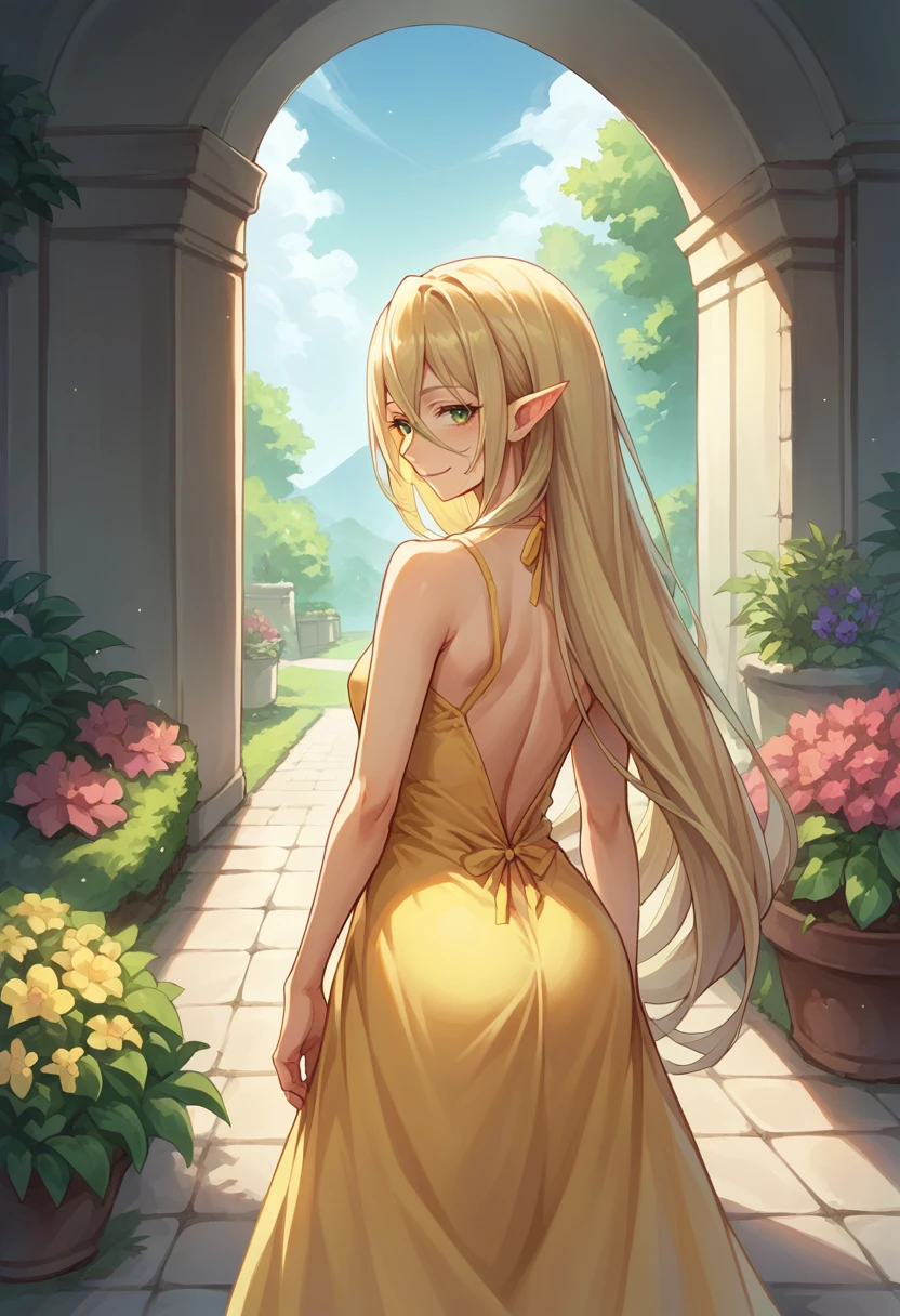 score_9, score_8_up, source_anime, 1girl, solo, Magilou, pointy ears, very long hair, hair between eyes, from behind, yellow sundress, garden, day, sunshine, smile, looking back, <lora:ChamMagilouPonyXL:1>