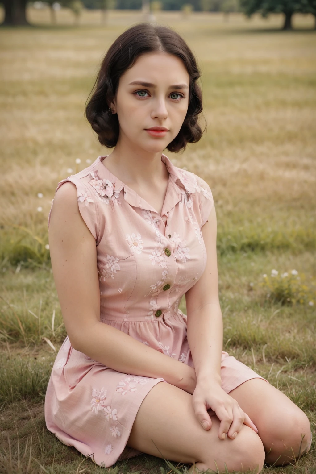 1930s Fashion, professional photo of 40yo woman in (simple) pink detailed floral dress with collar, detailed buttons, 4k, 8k, high quality, perfect lighting, detailed face and detailed eyes, skin detail, solo focus, photography raw, (sitting in grass), perfect lighting, clean smooth skin, looking at camera, detailed eyes, pretty face, full body, photoshoot, <lora:1930sFashion2-000002:0.5>