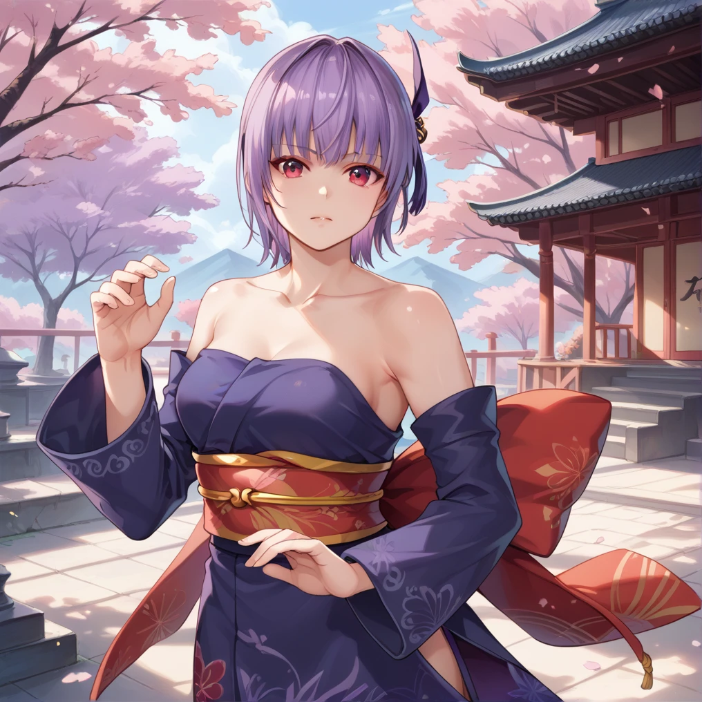 score_9, score_8_up, score_7_up, masterpiece, high quality, , ultra detail, ultra quality, 8k,
<lora:ayanev2:1.2>ayane, red eye, purple hair, short hair, headbandayaneclassic, detached sleeves, japanese clothes, purple thighhighs, miniskirt,   in japanese garden, day,, hand on collarbone, placing a hand on the collarbone, creating a captivating and alluring pose