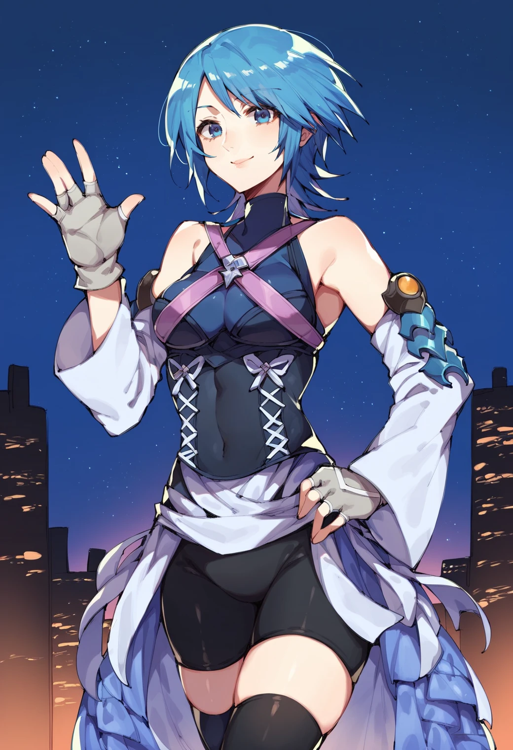 score_9,score_8_up,score_7_up,source_anime BREAK <lora:Aqua_Kingdom_Hearts:0.9>,high detail,good hands,perfect hands,1girl,solo,aqua (kingdom hearts),(waving:1.2),blue hair,detached sleeves,short hair,bare shoulders,halterneck,criss-cross straps,blue eyes,fingerless gloves,gloves,overskirt,bike shorts under skirt,black thighhighs,smile,hand on hip,cowboy shot,city