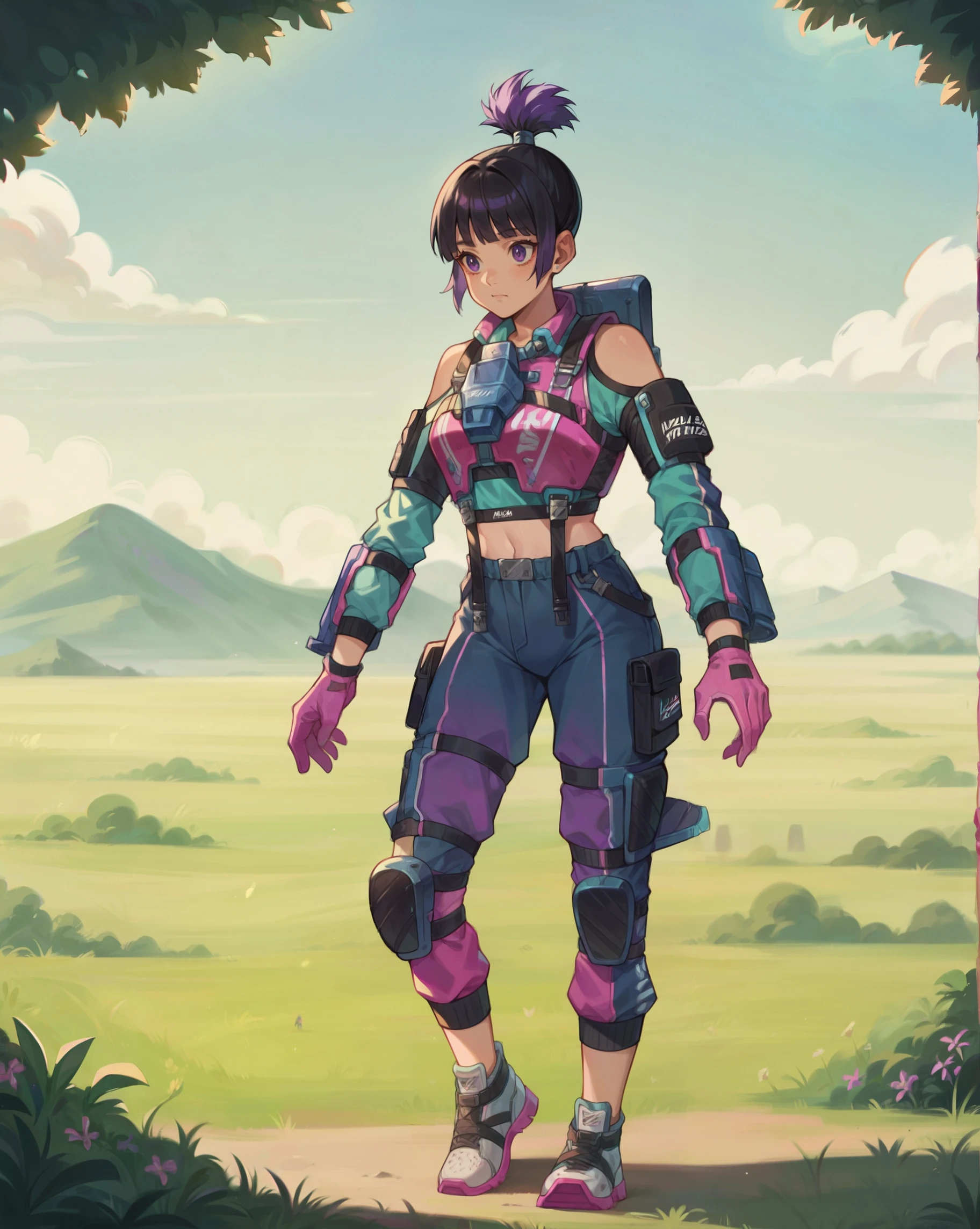 (Masterpiece:1.4), (best quality:1.2), score_9, score_8_up, score_7_up, score_6_up, 1girl, solo, no humans, valkfl0t3ch, black hair, purple hair, pink gloves, sneakers, blue pants, purple pants, cropped shirt, knee pads, topknot, detached sleeves, shoulder cutout, clothing cutout, midriff, taking off, plains background