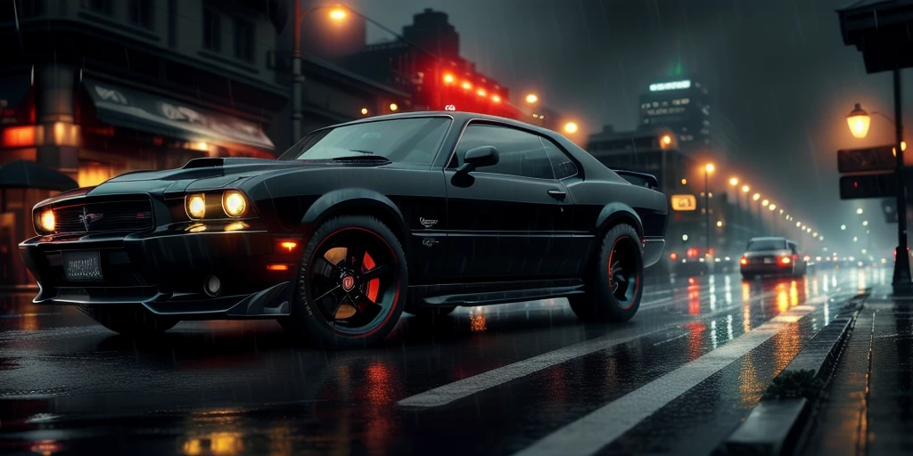 dark, noir, muscle car on a wet street, rush hour, massive traffic, middle lane, city skyline, exciting, highly detailed