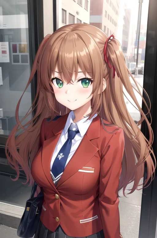 ((masterpiece)),(best quality),official art,extremely delicate and beautiful,extremely detailed CG,unity 8k wallpaper,ultra detailed,beautiful detailed eyes,extremely detailed face,outdoors,1girl,solo,upper body,(portrait:1.5),looking at viewer,facing viewer,smile,Tomizawa Erisu,long hair,brown hair,twintails,two side up,hair ribbon,red ribbon,sidelocks,hair between eyes,bangs,green eyes,school uniform,red jacket,blazer,buttons,blue necktie,collared shirt,white shirt,large breasts,long sleeves,miniskirt,black skirt,pleated skirt,zettai ryouiki,black thighhighs,loafers,brown footwear,<lora:Tomizawa Erisu(khsk):0.5>,