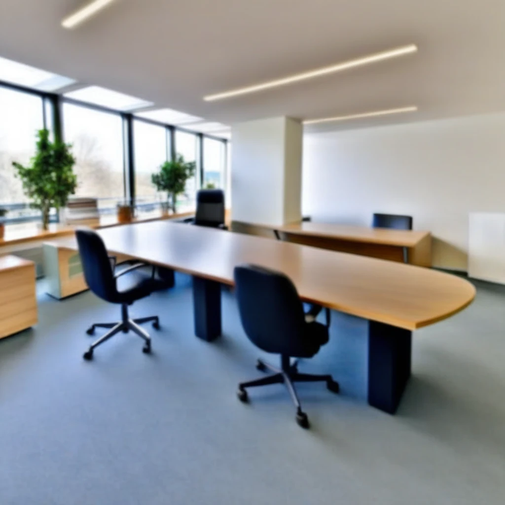 an office with a large desk and chairs